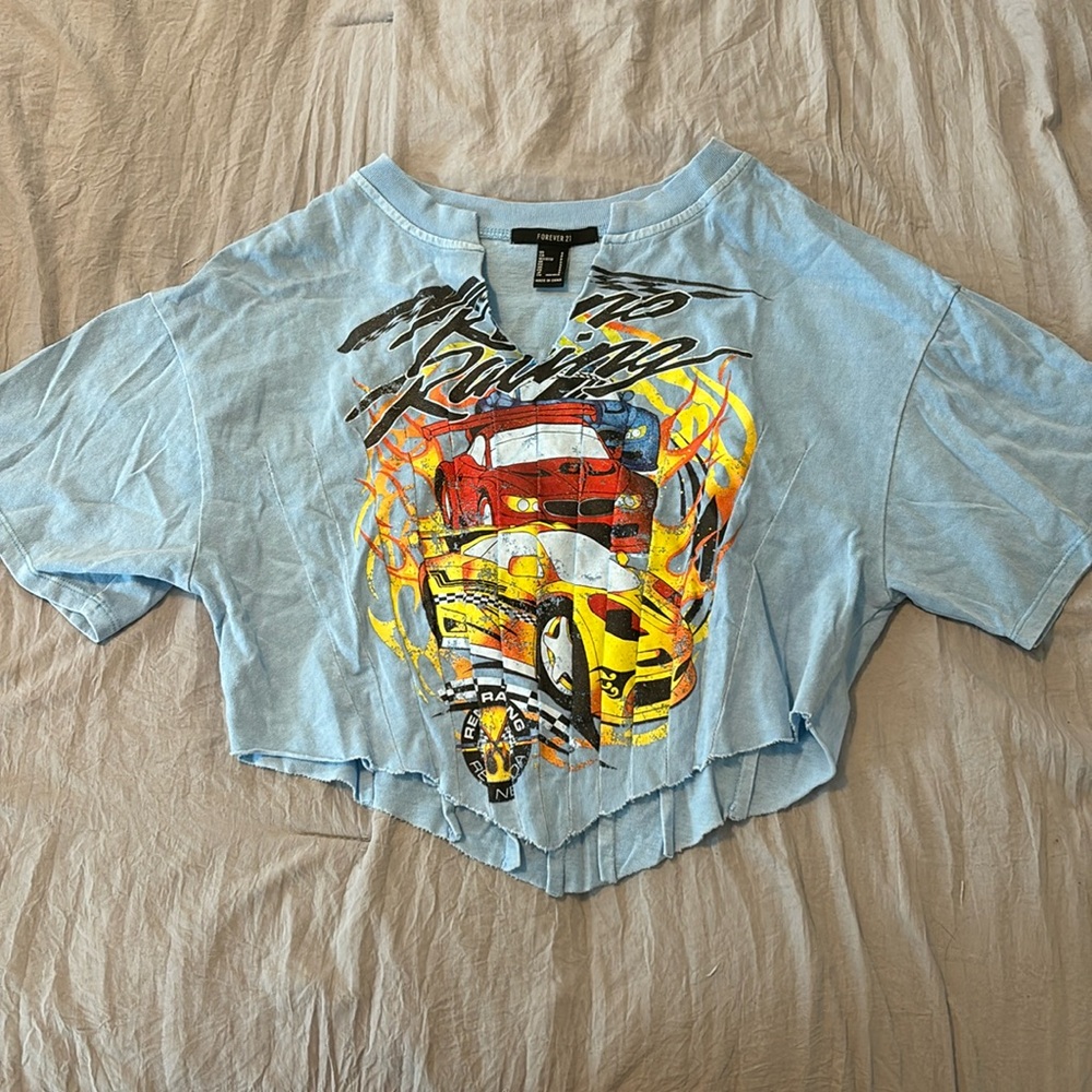 Forever 21 Cropped Racing T-Shirt w/ Corset Detailing
